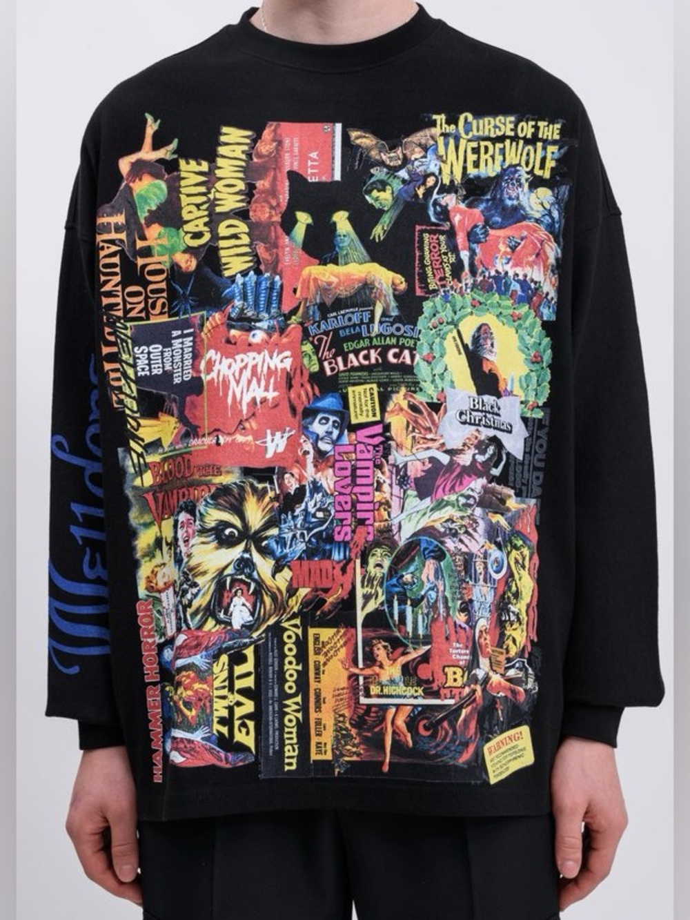 WE11DONE Horror Collage Long Sleeve Shirt Black Oversized M Halloween Graphic